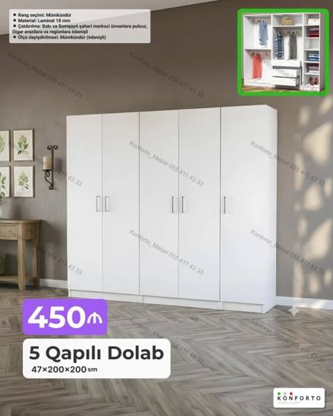 5 qapılı geyim dolabı – 47×200×200 sm - Material: 18 mm laminat — Wardrobes
