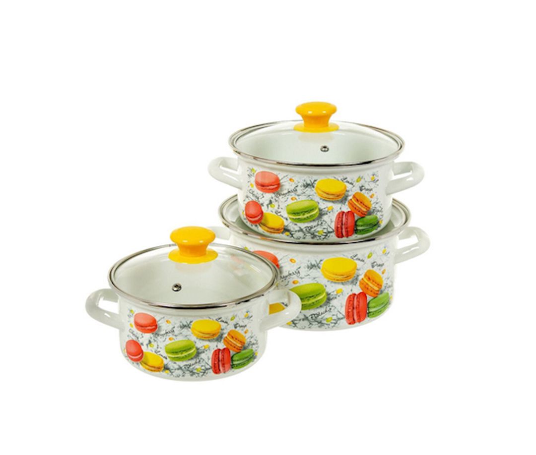 Qazan dəsti Керченская эмаль Rəngli peçenye-1 Ekstra, 3 ədəd, 1500/2300/3000 ml, polad, qapaq ilə, rəngbərəng — Mallar, Bakı