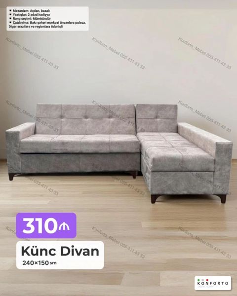 Künc divan – 240×150 sm - Mekanizm: açılan, bazalı (yataq funksiyası — Bakı