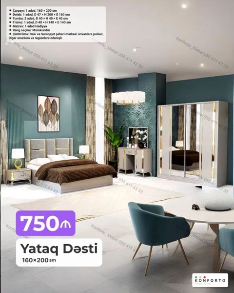 Yataq Dəsti – 160×200 sm Tərkibi: - Çarpayı: 1 ədəd, 160×200 sm — Bakı