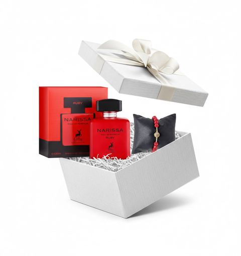 Hədiyyə dəsti qadınlar üçün ətir suyu Maison Alhambra Ruby Narissa 100 ml, qolbaq 10 qızıl muncuqlar ilə, qızıl 585 əyar — Bakı