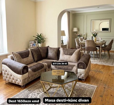 Masa dəsti + künc divan komplekti - Künc divan: yumşaq toxumalı, iki — Bakı