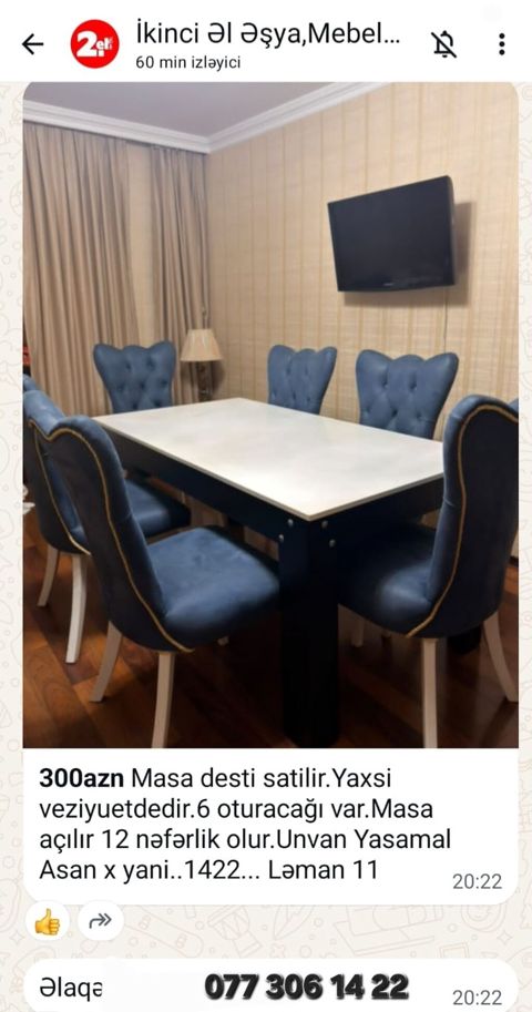 Qonaq otağı üçün, İşlənmiş, Açılan, 6 stul — Bakı