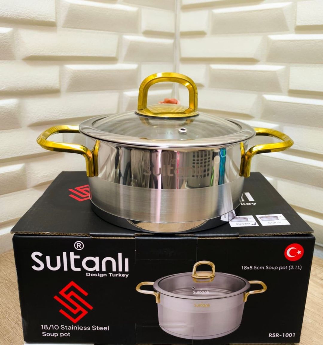 Qazan Sultanlı, Türkiyə istehsalı, 18x8,5 sm, 2.1 l, paslanmaz polad, qapağı şüşə, tutacaqları qızılı, gümüşü - ZTW-ABRSR1001Q — Mallar, Bakı
