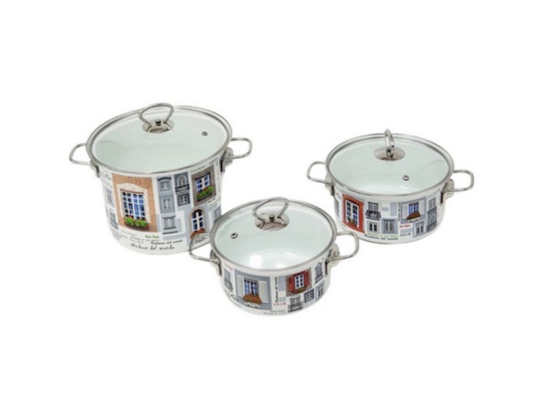 Qazan dəsti Керченская эмаль Окна мира-5-1 Elit, 3 ədəd, 1900/2500/5000 ml, polad, qapaq ilə, rəngbərəng — Mallar, Bakı