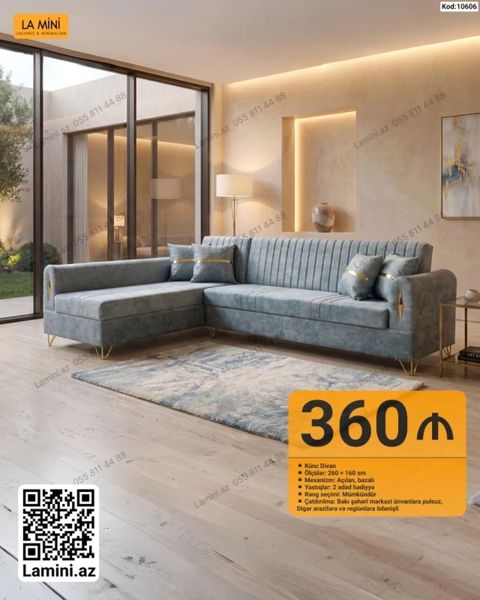 Künc Divan – La Mini - Ölçülər: 260 160 sm - Mexanizm: Açılan — Bakı