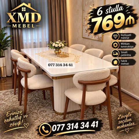XMD Mebel – Yemək dəsti - 6 stul ilə birlikdə yemək masası – 769 — Bakı