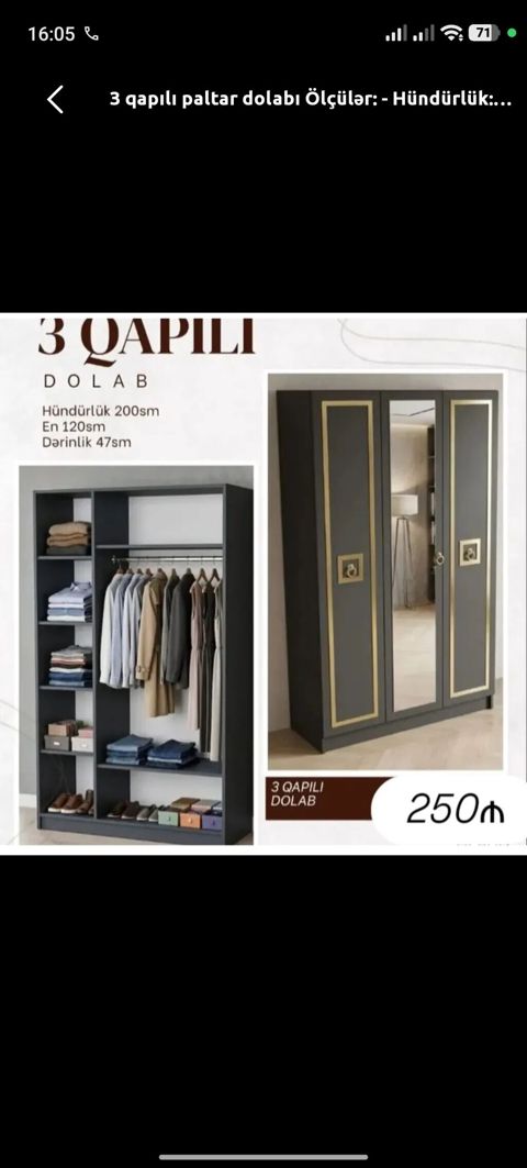 Yeni, 3 qapılı, Güzgülü, Boz, Açılan, Düz dolab — Digah