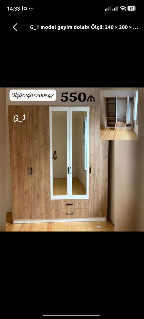 Yeni, 4 qapılı, Güzgülü, Taxta, Açılan, Düz dolab — Digah