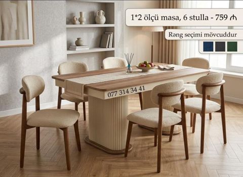 Yemək otağı dəsti – masa və 6 stul - Ölçü: 1×2 m masa - Komplekt: 6 — Bakı