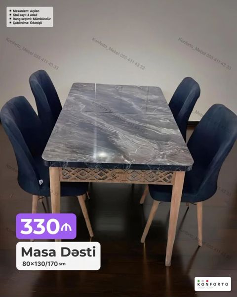 Masa Dəsti – 80×130/170 sm Mexanizm: Açılan Stul sayı: 4 ədəd — Bakı