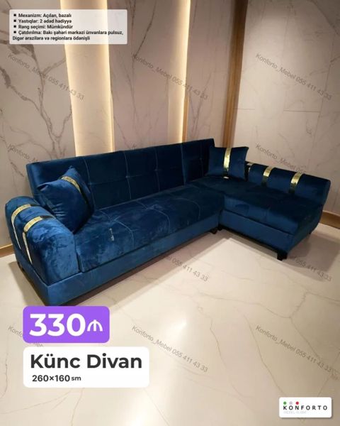 Künc divan – 260×160 sm Xüsusiyyətlər: - Mexanizm: Açılan, bazalı — Bakı