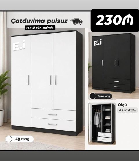 3 qapılı paltar dolabı - Ölçü: 200 x 120 x 47 sm - Daxili quruluş: 1 — Bakı