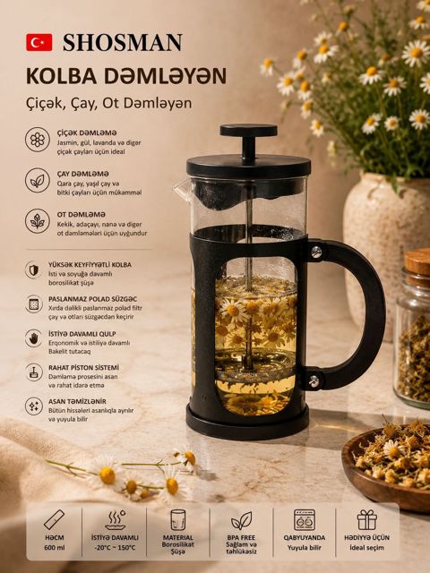Frenç-press Shosman PH015-1, 600 ml, Şüşə — Bakı
