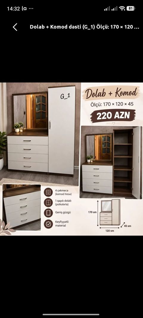 Yeni, 1 qapı, Güzgülü, Ağ, Açılan, Düz dolab — Digah