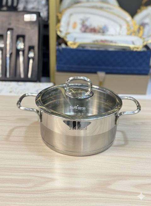 Qazan Sultanlı, 18 sm, 2.0 l, paslanmayan polad, şüşə qapaqla, gümüşü tutacaqlı - PP06 — Bakı