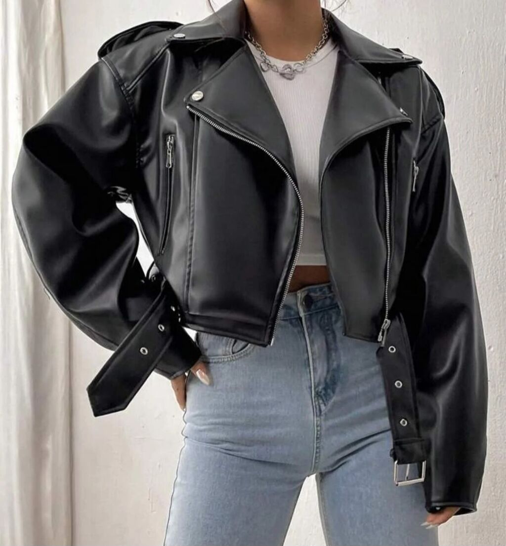 Qara dərili biker üslublu qadın kurtkası - Model: qısa (cropped) — Jaketlər, Masazır (2)