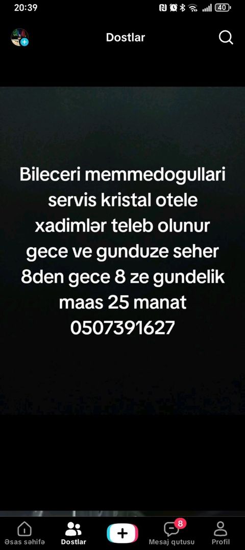 Xadimə tələb olunur, Gündəlik ödəniş, İstənilən yaş, Təcrübəsiz — Bakı