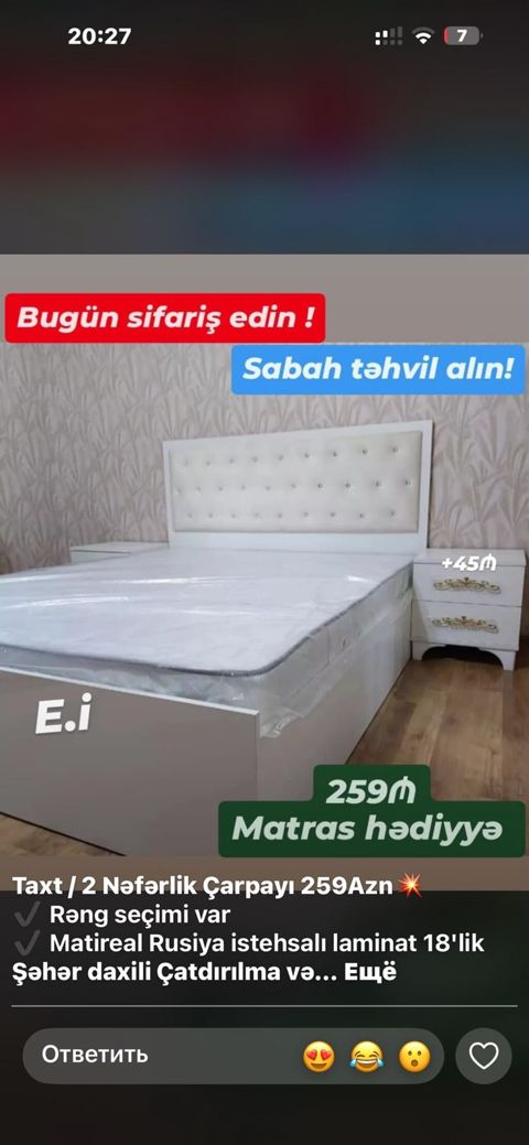 Məhsul: 2 nəfərlik taxt/çarpayı - Qiymət: 259 AZN - Matras hədiyyə — Sumqayıt