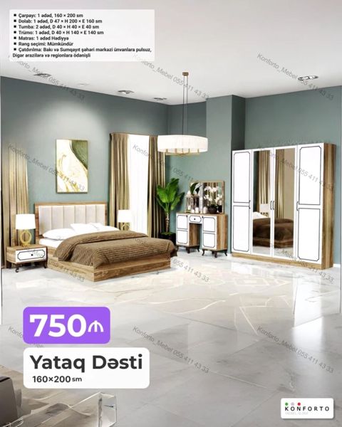 Yataq Dəsti – 160×200 sm Komplekt: - Çarpayı: 1 ədəd, 160×200 sm — Bakı