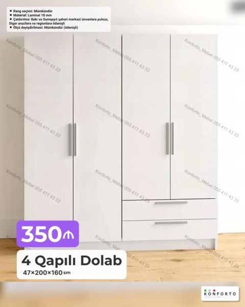 4 qapılı paltar dolabı – 47×200×160 sm - Material: 18 mm laminat — Bakı