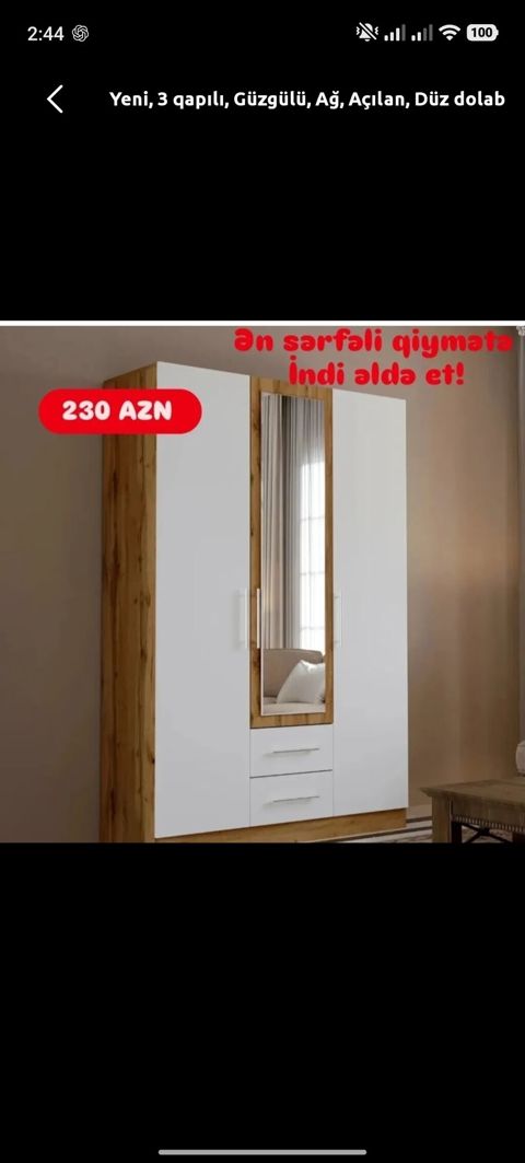 Yeni, 3 qapılı, Güzgülü, Ağ, Taxta, Açılan, Düz dolab — Digah