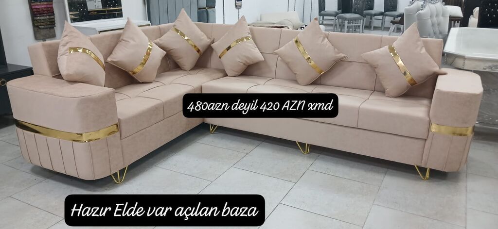 Künc divan dəsti – bej rəngdə, qızılı dekor xəttləri və metal — Yumşaq mobilya dəstləri, Bakı