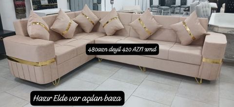 Künc divan dəsti – bej rəngdə, qızılı dekor xəttləri və metal — Bakı