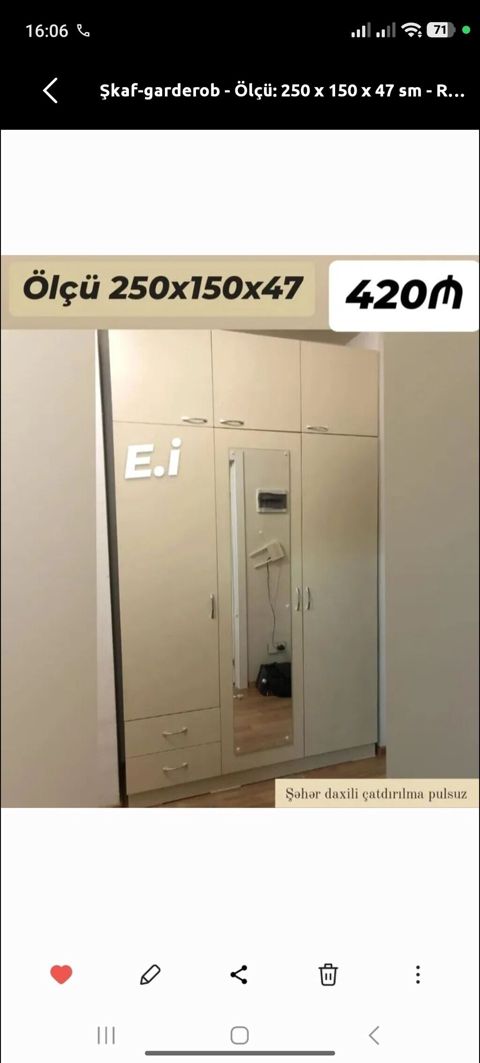 Yeni, 3 qapılı, Güzgülü, Bej, Açılan, Düz dolab — Digah