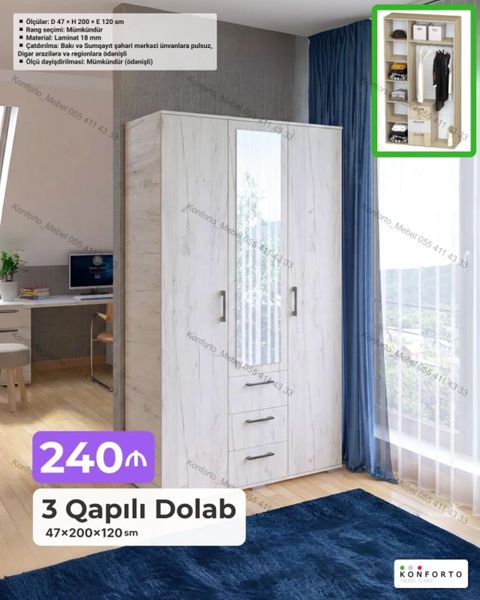 3 Qapılı Dolab – 47×200×120 sm - Material: 18 mm laminat - Ölçülər — Bakı