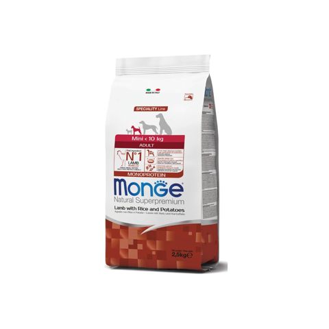 Tam dəyərli quru yem Monge Mini Adult Natural Super Premium Lamb, Rice and Patatoes, xırda cins yetkin itlər üçün, quzu, düyü və kartof ilə, 2.5 kq — Bakı
