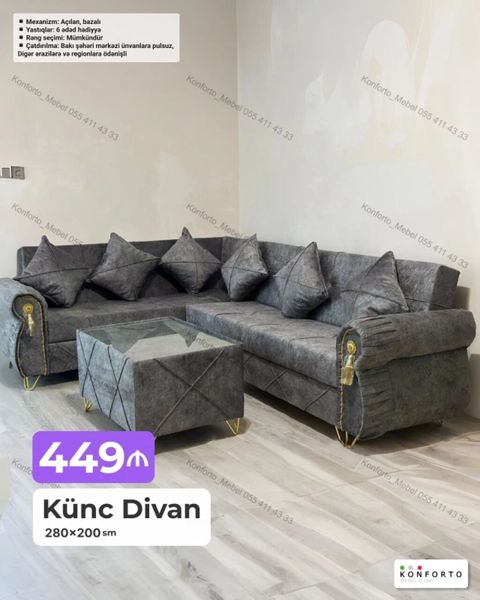 Künc divan – 280×200 sm Xüsusiyyətlər: - Mexanizm: Açılan, bazalı — Bakı