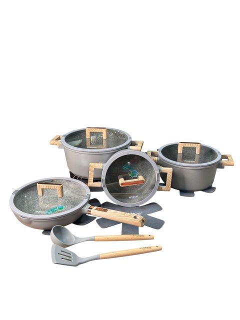 Qazan dəsti Dn-jl, 12 parça set, 4 mm qalınlıq, silikon çərçivəli qapaqlar, qazanlar 20-24-28 sm, tava (qapaqlı) 26 sm, 2 müxtəlif silikon qaşıq, 2 ədəd qazan altlığı, boz - TW-RZ306 — Bakı