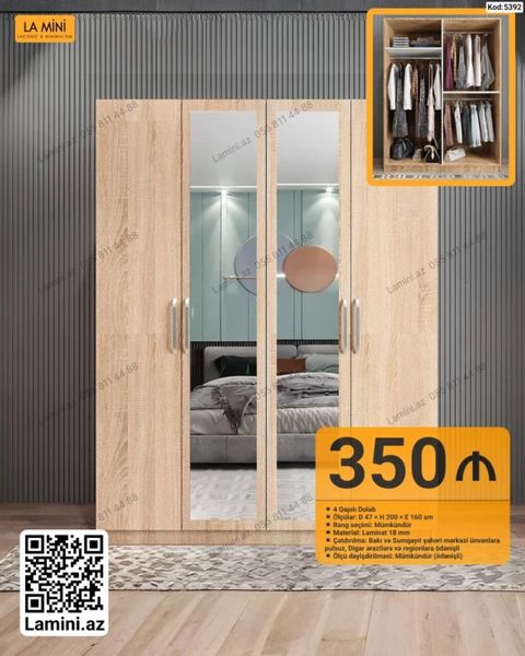 4 qapılı dolab – La Mini (Kod: 5392) - Ölçü: D 47 H 200 E 160 sm — Bakı