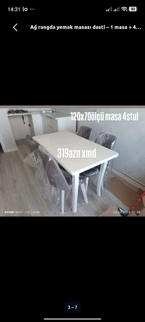 Mətbəx üçün, Yeni, Açılmayan, Dördbucaq masa, 4 stul — Digah