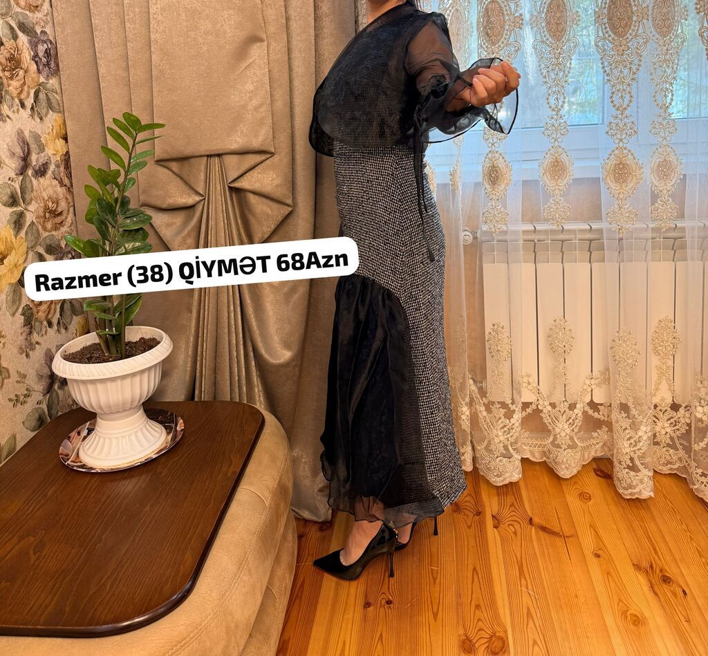Qadın geyimləri – 36 razmer 1) Qara midi paltar - Darlanan siluet — Axşam paltarları, Bakı (9)