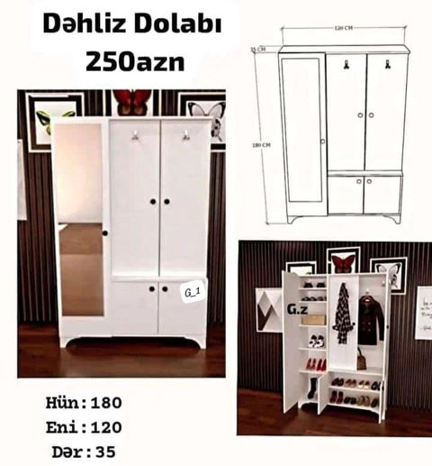 Dəhliz dolabı. Ölçüləri: - Hündürlük: 180 sm - En: 120 sm - Dərinlik — Sumqayıt