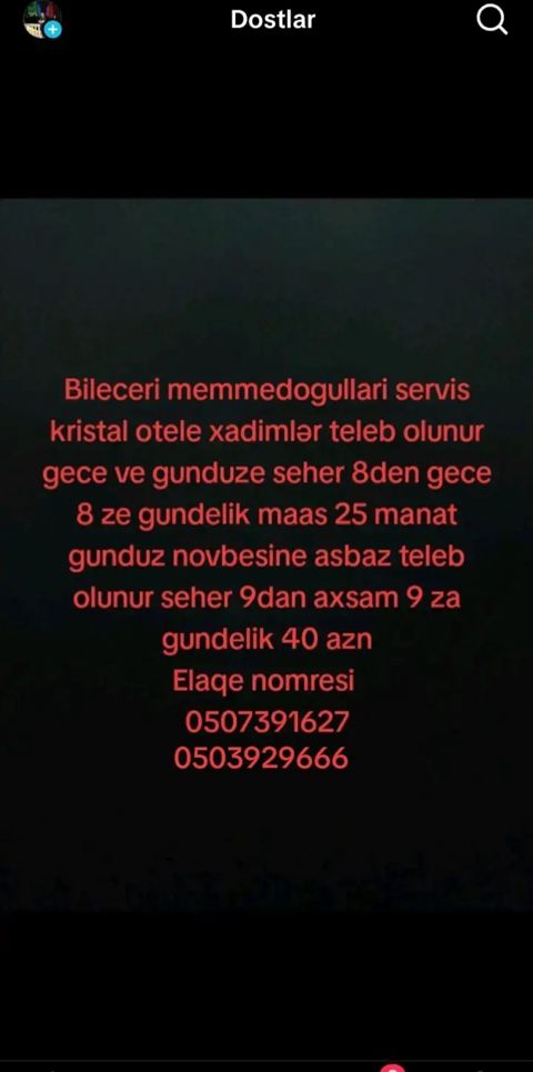 Vakansiya: Kristal otel üçün işçi və aşpaz - Yer: Biləcəri — Bakı