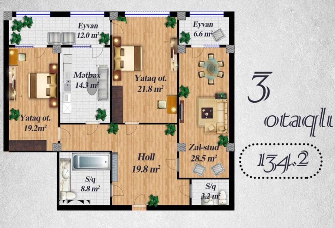Satılır 3 otaqlı yeni tikili 134.2 m² — Mənzil, Bakı (8)