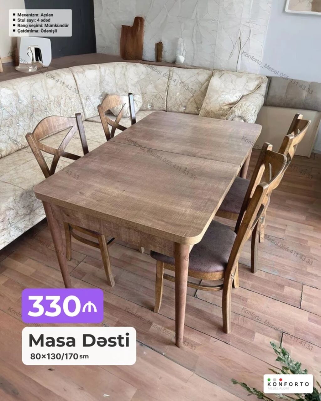 Masa dəsti – 80×130/170 sm - Açılan mexanizm: masa ölçüsü 80×130 — Masalar və stullar, Bakı