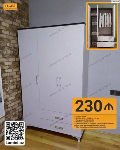 3 qapılı dolab – Kod: 1114 Xüsusiyyətlər: - Ölçü: D 47 H 200 E — 230 ₼ · Baku, Nərimanov · Şkaflar 3 qapılı dolab – Kod: 1114 Xüsusiyyətlər: - Ölçü: D 47 H 200 E — Baku
