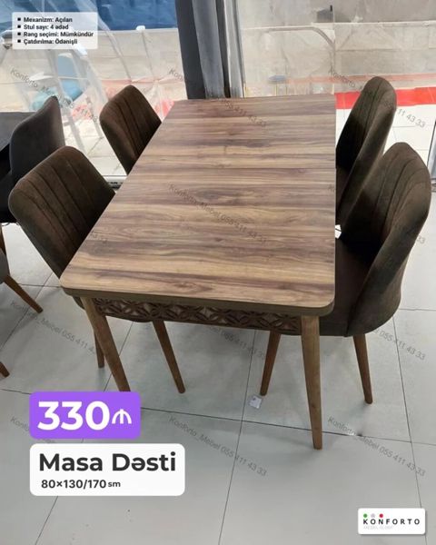 Masa Dəsti – açılan mexanizmli Ölçü: 80×130/170 sm Stul sayı: 4 ədəd — Bakı