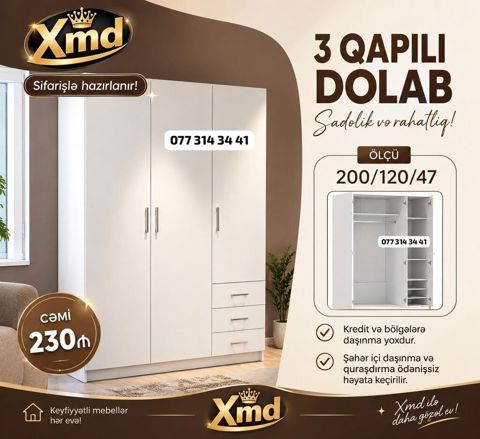 3 qapılı dolab – sadəlik və rahatlıq Ölçü: 200/120/47 - Geniş — Bakı