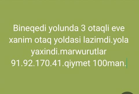 Bineqədi yolunda yerləşən 3 otaqlı mənzilə xanım otaq yoldaşı tələb — Kürdəmir