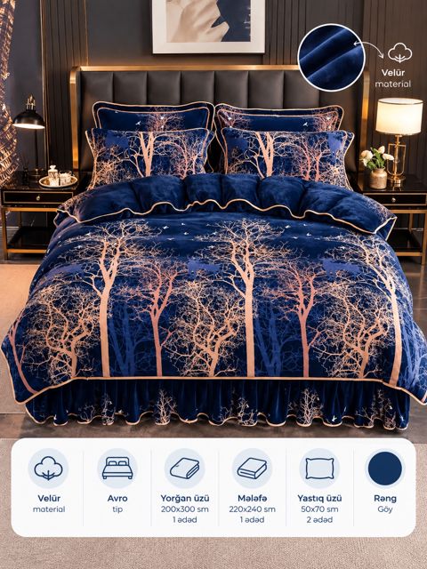 Yataq dəsti Zarina Home SHA-00001972, yorğan üzü 200x300 sm, mələfə 220x240 sm, yastıq üzü 50x70 sm, avro, velür, göy — Bakı