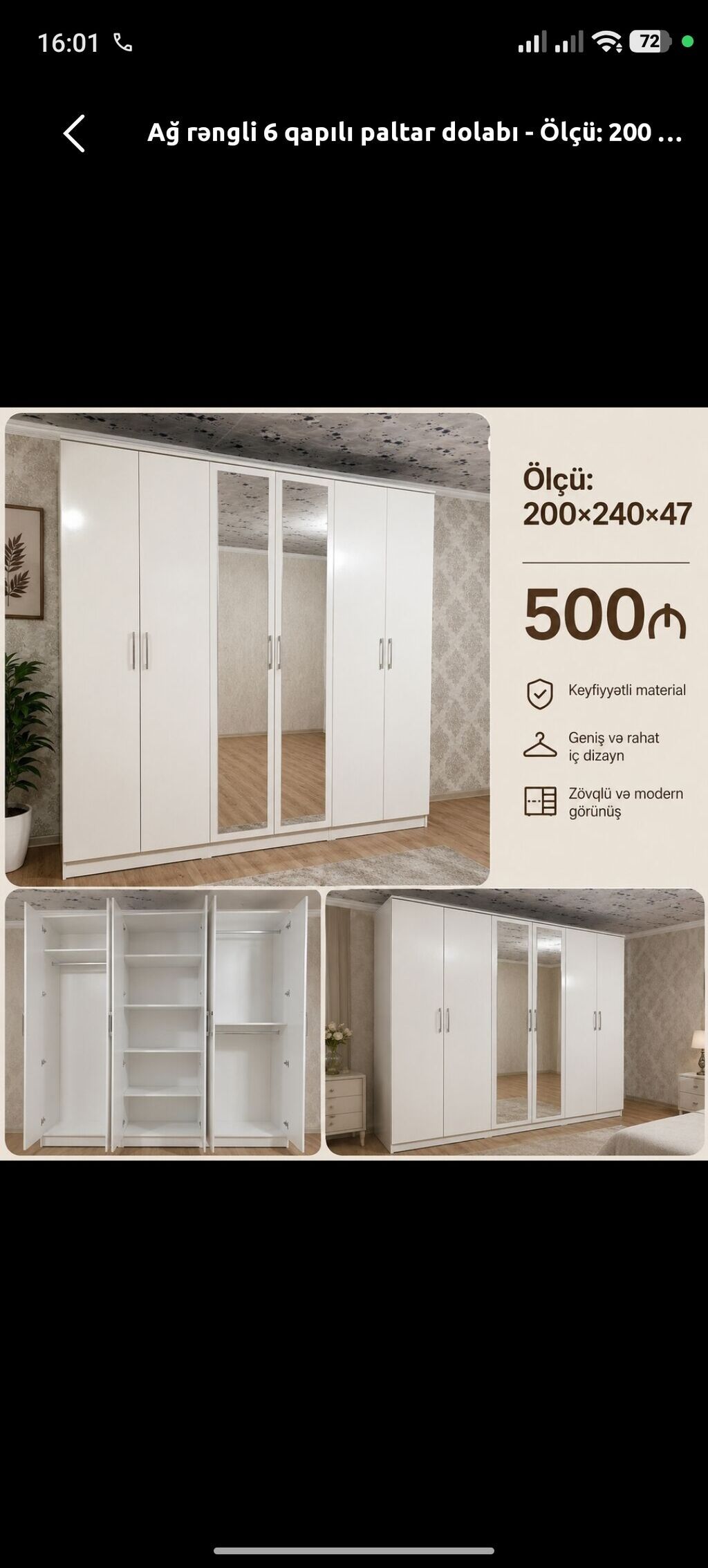 Yeni, 6 qapı, Güzgülü, Ağ, Açılan, Düz dolab — Şkaflar, Digah