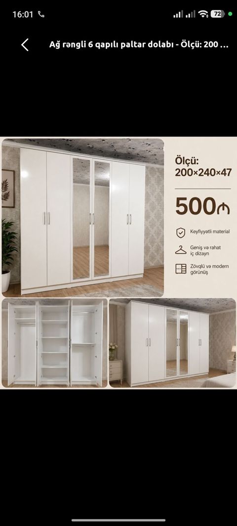 Yeni, 6 qapı, Güzgülü, Ağ, Açılan, Düz dolab — Digah