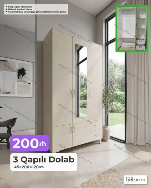 3 qapılı geyim dolabı Ölçü: 45×200×120 sm Material: 18 mm laminat — Bakı