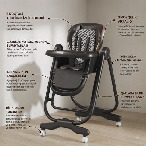 Uşaq yedizdirmə oturacağı Kidilo KD169 MK465, plastik/metal, 6-36 ay, qara — Bakı