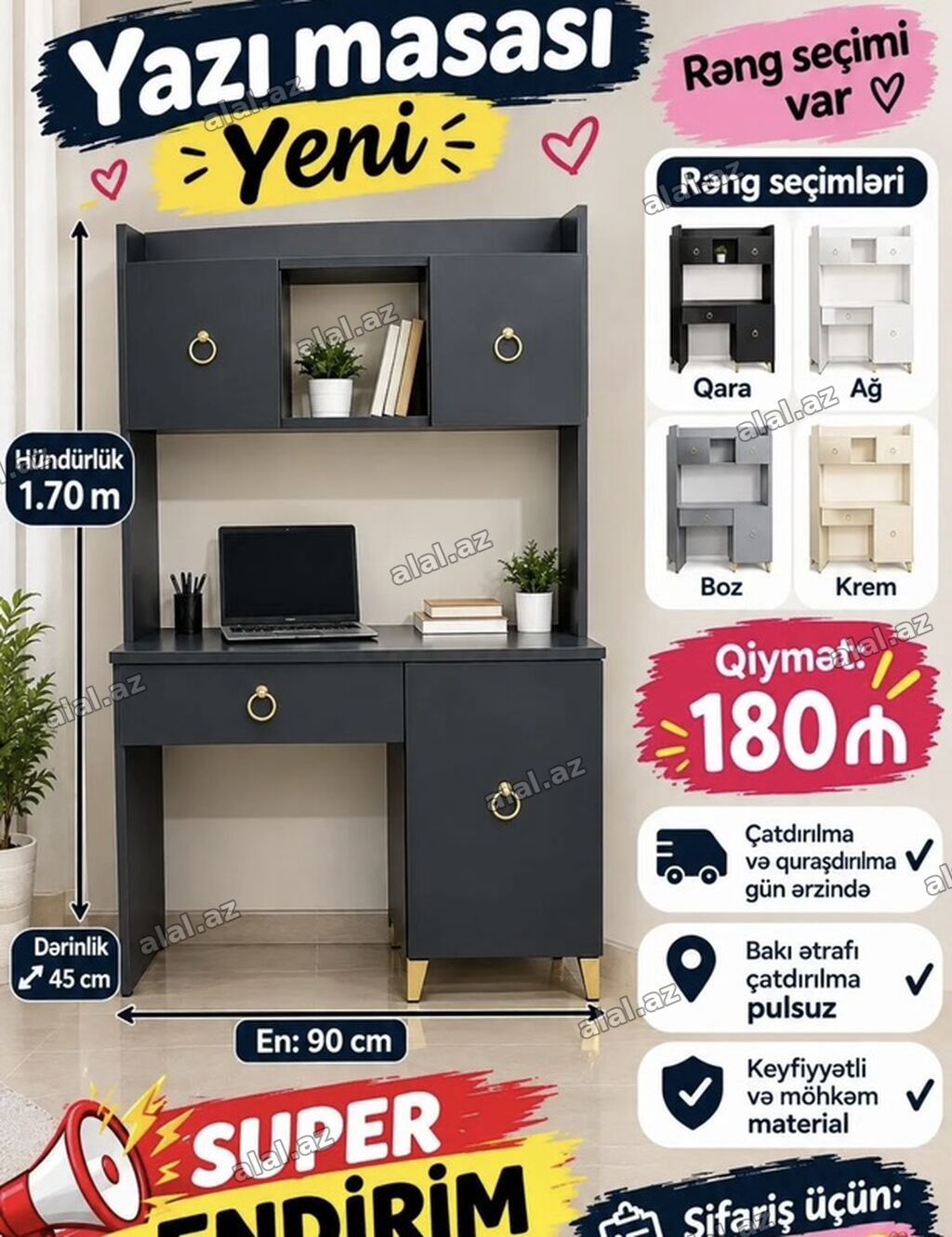 Yazı masası – Yeni model Ölçülər: - Hündürlük: 1.70 m - En: 90 sm — Mebel, Bakı